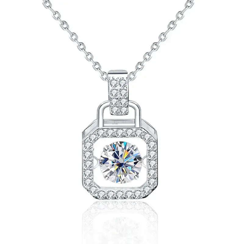 Lovcia Casual Round Dancing Moissanite CZ Lock 925 Sterling Silver Necklace-Necklaces-0.5 Carat Moissanite CZ-0.5 Carat Moissanite CZ
