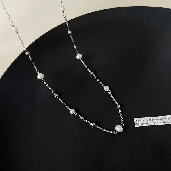 Lovcia Casual Round Shell Pearls Curb Chain 925 Sterling Silver Necklace-Necklaces-Rhodium-Rhodium