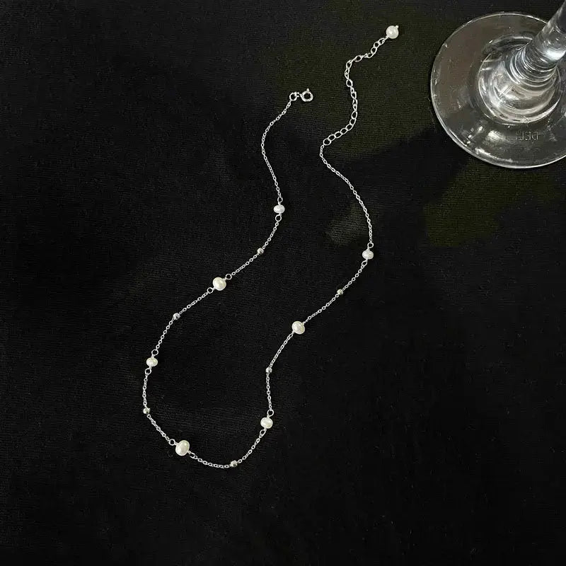 Lovcia Casual Round Shell Pearls Curb Chain 925 Sterling Silver Necklace-Necklaces-Rhodium-Rhodium