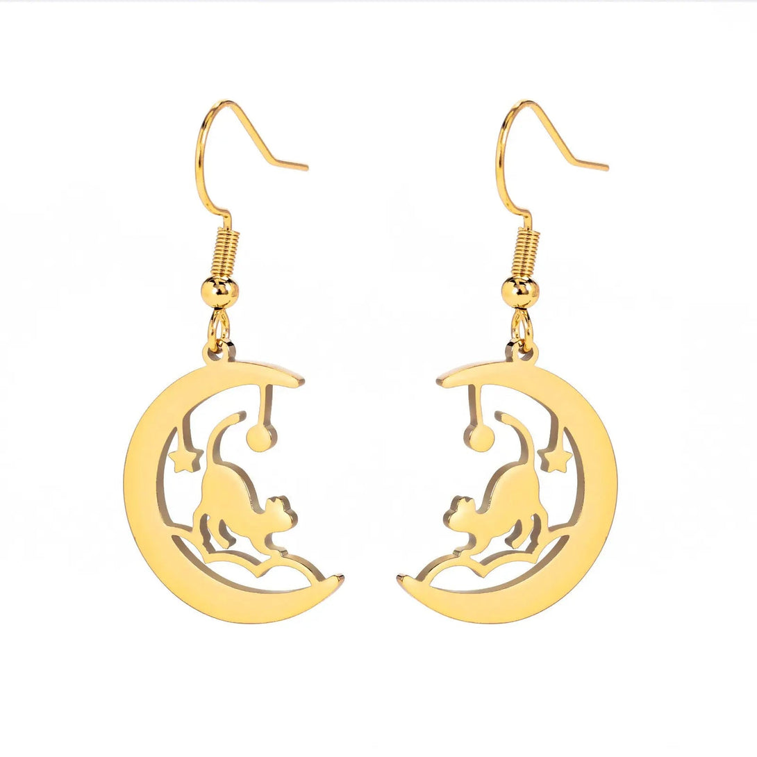 Lovcia Cat-Themed Unisex Stainless Steel Earrings - Electroplated in Steel & Gold-Earrings-Gold-Gold