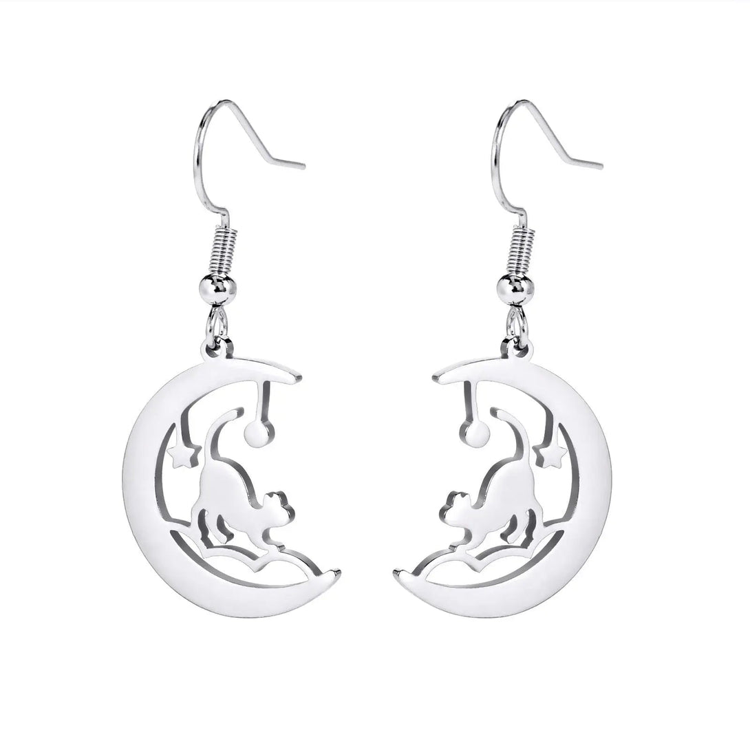 Lovcia Cat-Themed Unisex Stainless Steel Earrings - Electroplated in Steel & Gold-Earrings-Steel Color-Steel Color