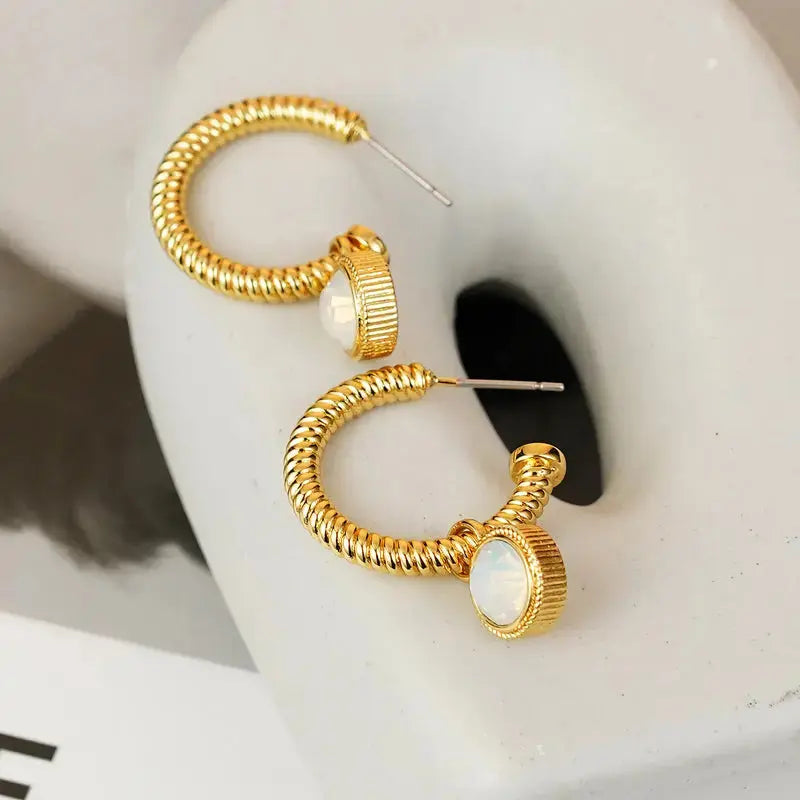 Lovcia Cat's Eye Stone Gold-Plated Rope Earrings for Women-Earrings-Gold-One Size-Gold