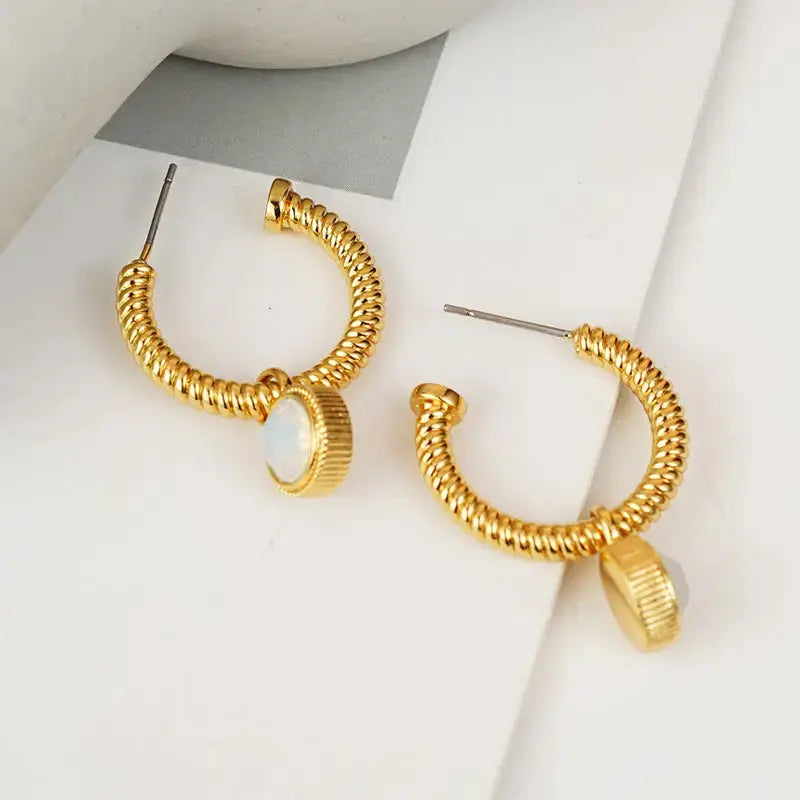 Lovcia Cat's Eye Stone Gold-Plated Rope Earrings for Women-Earrings-Gold-One Size-Gold
