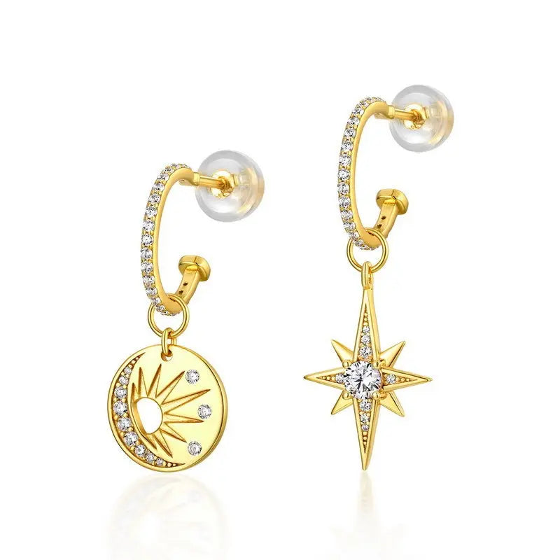Lovcia Celestial Charm Star and Sun Asymmetric Sterling Silver Earrings for Women-Earrings-1-1