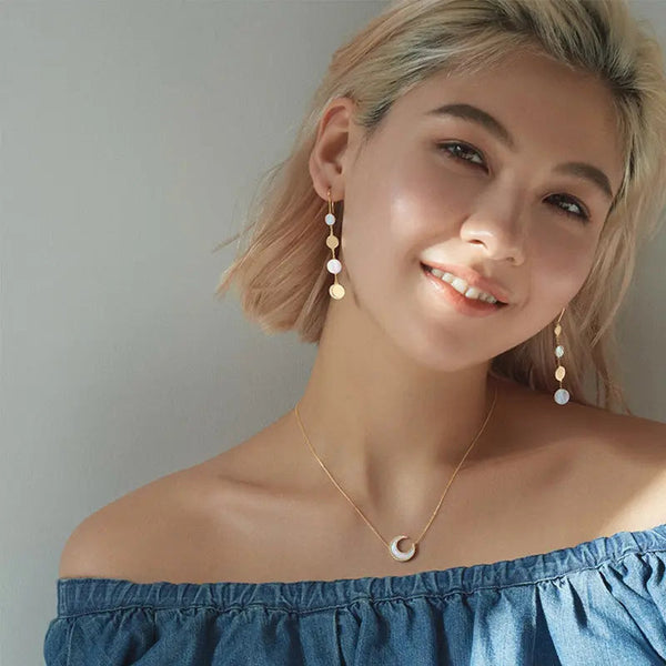 Lovcia Celestial Disc Dangle Earrings with Mother of Pearl and Moon Accents-Earrings-White Shell Tassel Earrings-925 Silver-White Shell Tassel Earrings
