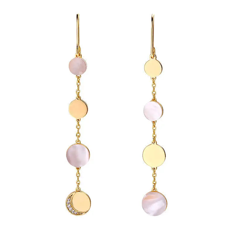 Lovcia Celestial Disc Dangle Earrings with Mother of Pearl and Moon Accents-Earrings-White Shell Tassel Earrings-925 Silver-White Shell Tassel Earrings