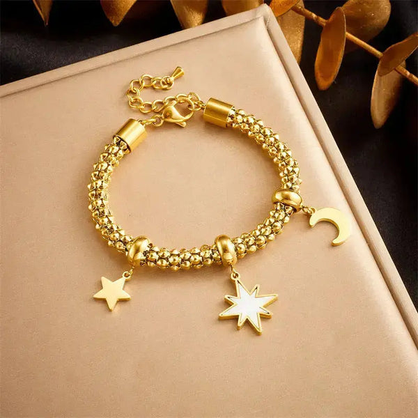 Lovcia Celestial Star and Moon Charm Gold Plated Stainless Steel Bracelet for Women-Bracelets-Gold-Gold