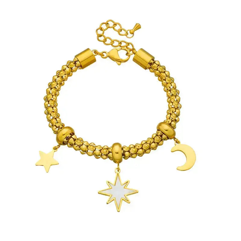 Lovcia Celestial Star and Moon Charm Gold Plated Stainless Steel Bracelet for Women-Bracelets-Gold-Gold