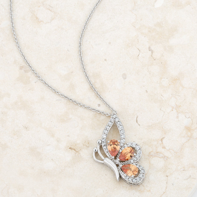 Lovcia Champagne CZ Butterfly Pendant Necklace with Rhodium Finish-Necklaces-