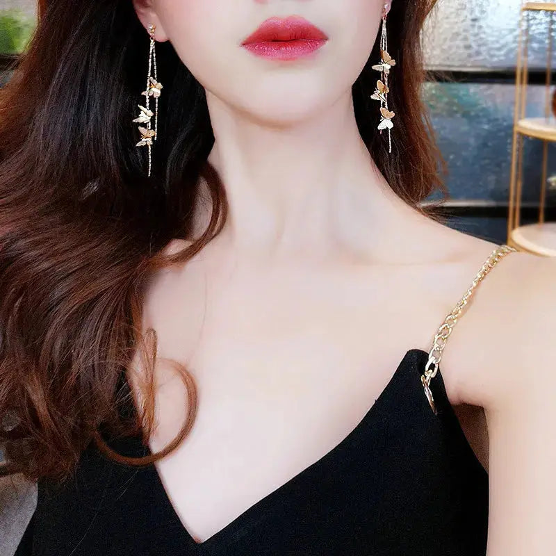 Lovcia Charming Butterfly Tassel Earrings: Korean Style Fashion Jewellery for Women and Girls-Earrings-Gold-Gold