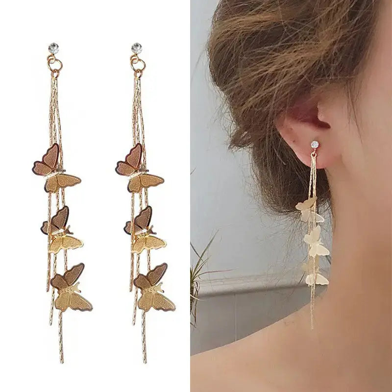 Lovcia Charming Butterfly Tassel Earrings: Korean Style Fashion Jewellery for Women and Girls-Earrings-Gold-Gold