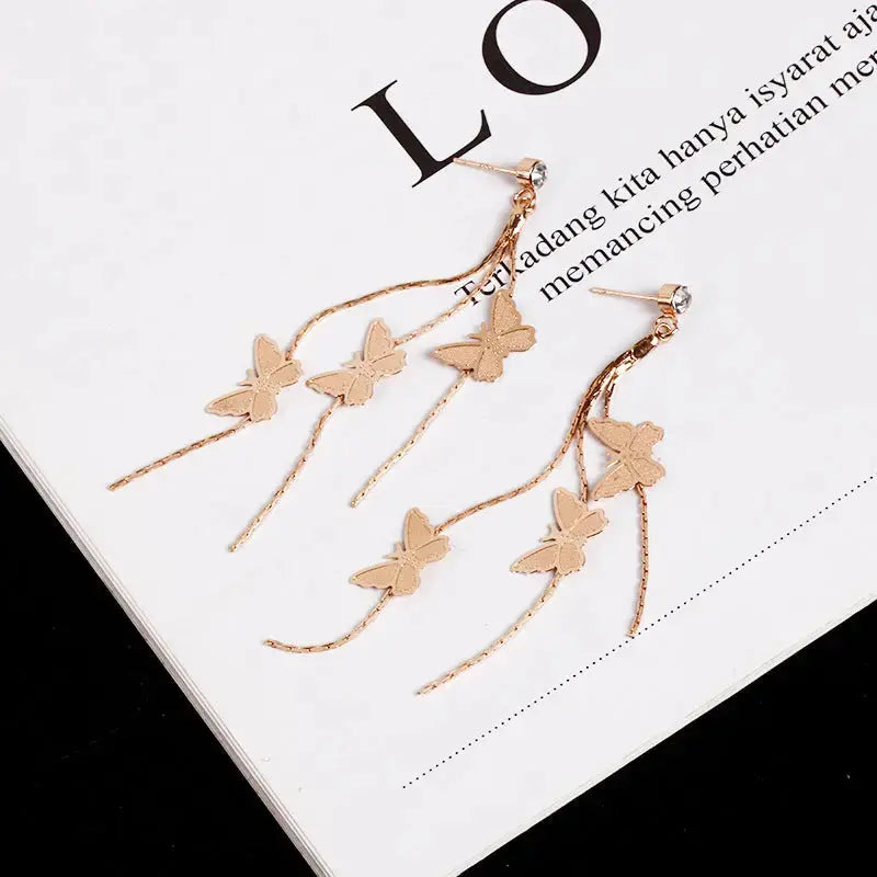 Lovcia Charming Butterfly Tassel Earrings: Korean Style Fashion Jewellery for Women and Girls-Earrings-Gold-Gold