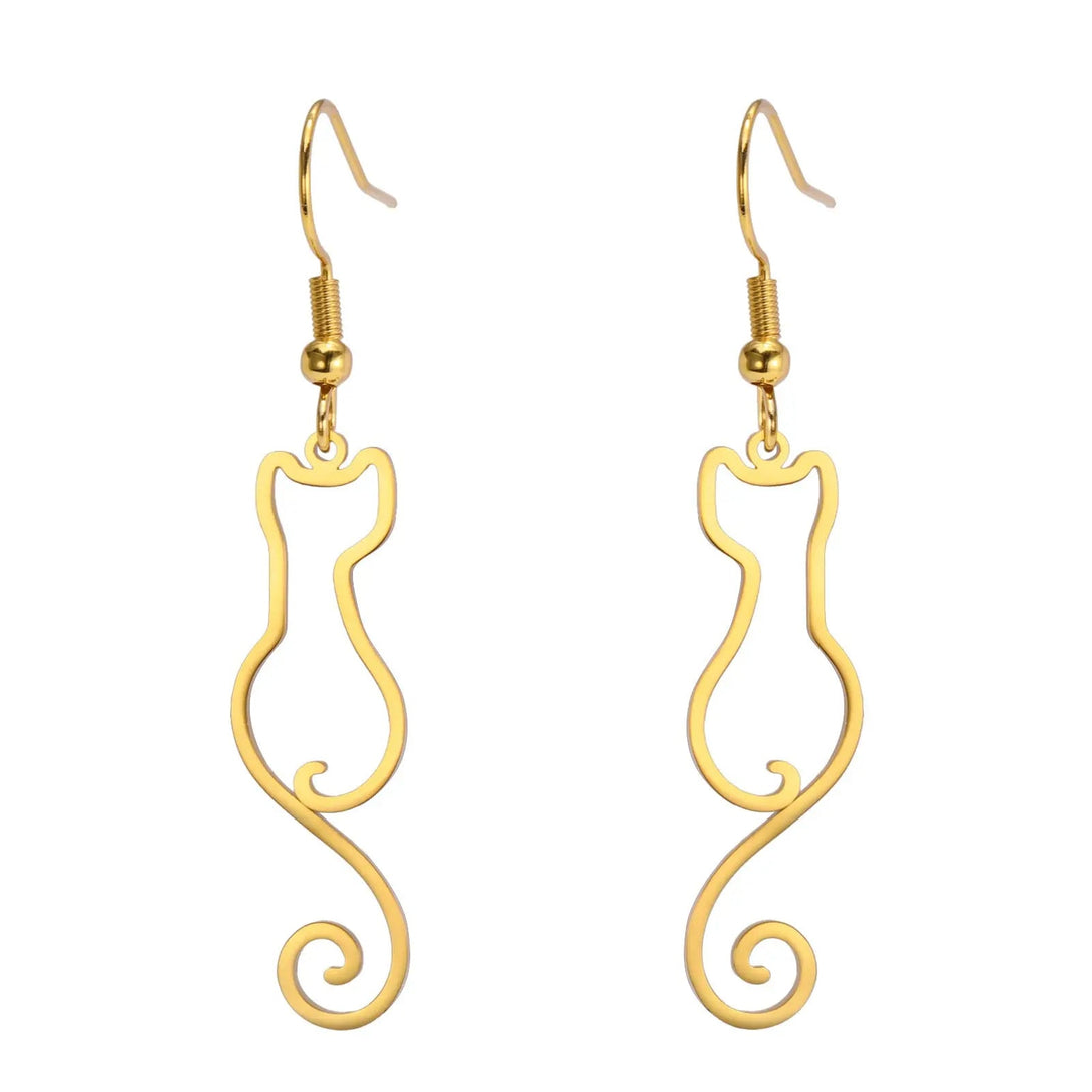 Lovcia Charming Cat Silhouette Stainless Steel Drop Earrings for Women-Earrings-Golden Hollow Kitten-Golden Hollow Kitten