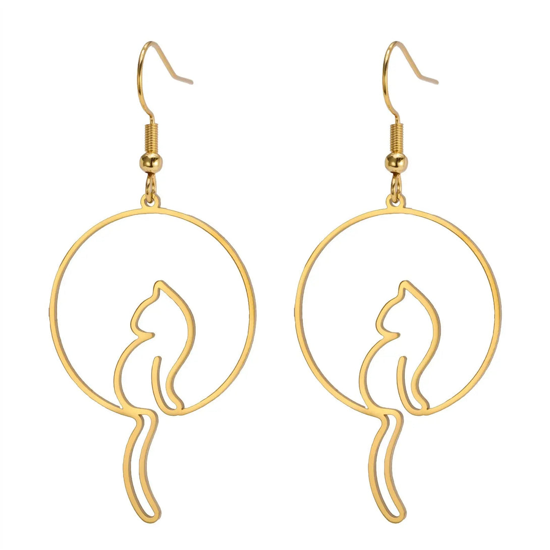 Lovcia Charming Cat Silhouette Stainless Steel Drop Earrings for Women-Earrings-Golden Hollow Ring Kitten-Golden Hollow Ring Kitten