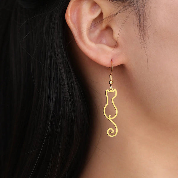Lovcia Charming Cat Silhouette Stainless Steel Drop Earrings for Women-Earrings-Steel Hollow Kitten-Steel Hollow Kitten