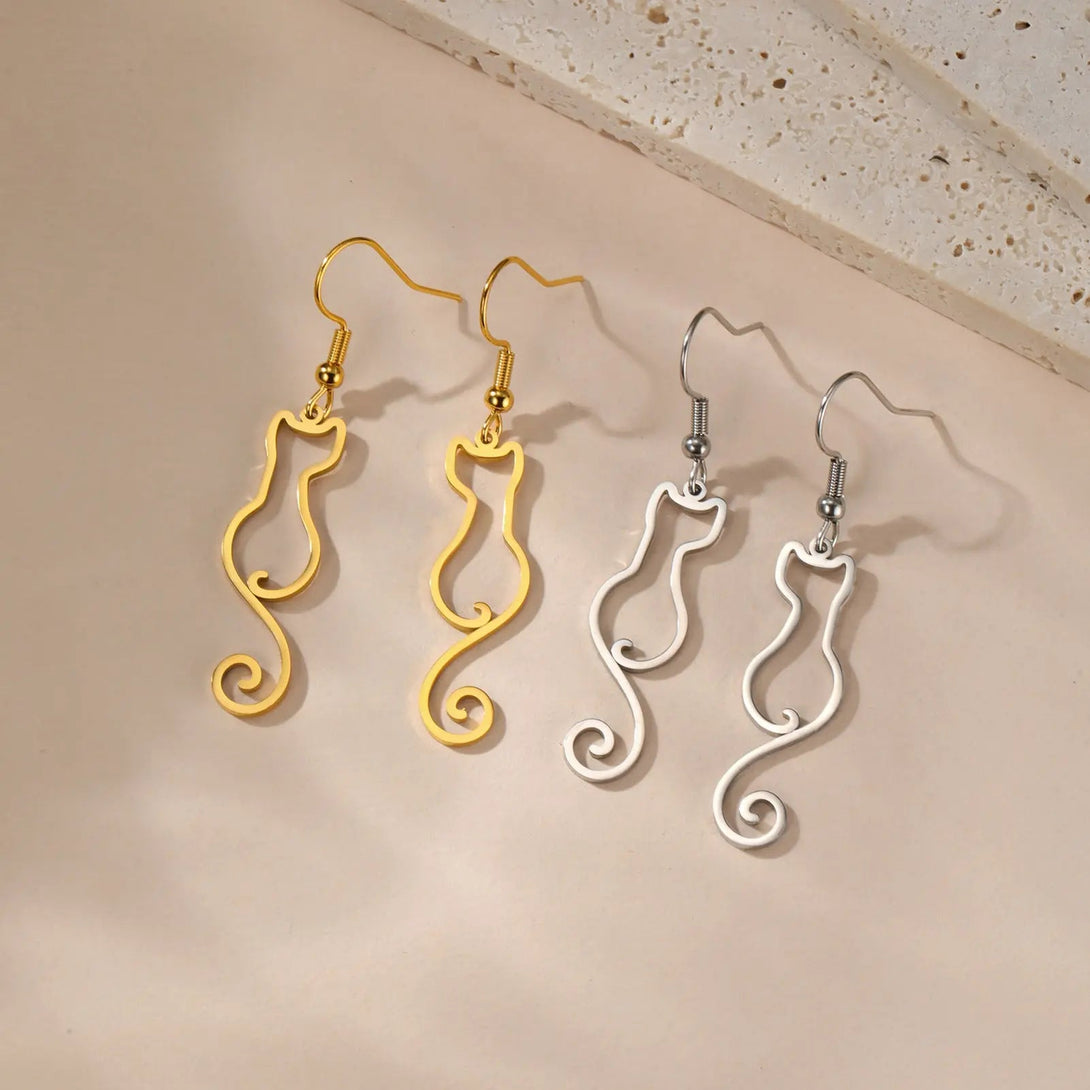 Lovcia Charming Cat Silhouette Stainless Steel Drop Earrings for Women-Earrings-Steel Hollow Kitten-Steel Hollow Kitten