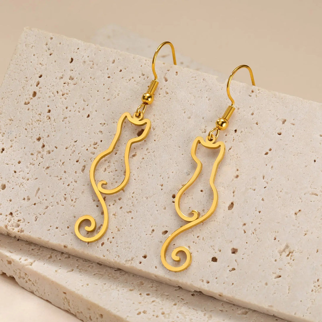 Lovcia Charming Cat Silhouette Stainless Steel Drop Earrings for Women-Earrings-Steel Hollow Kitten-Steel Hollow Kitten