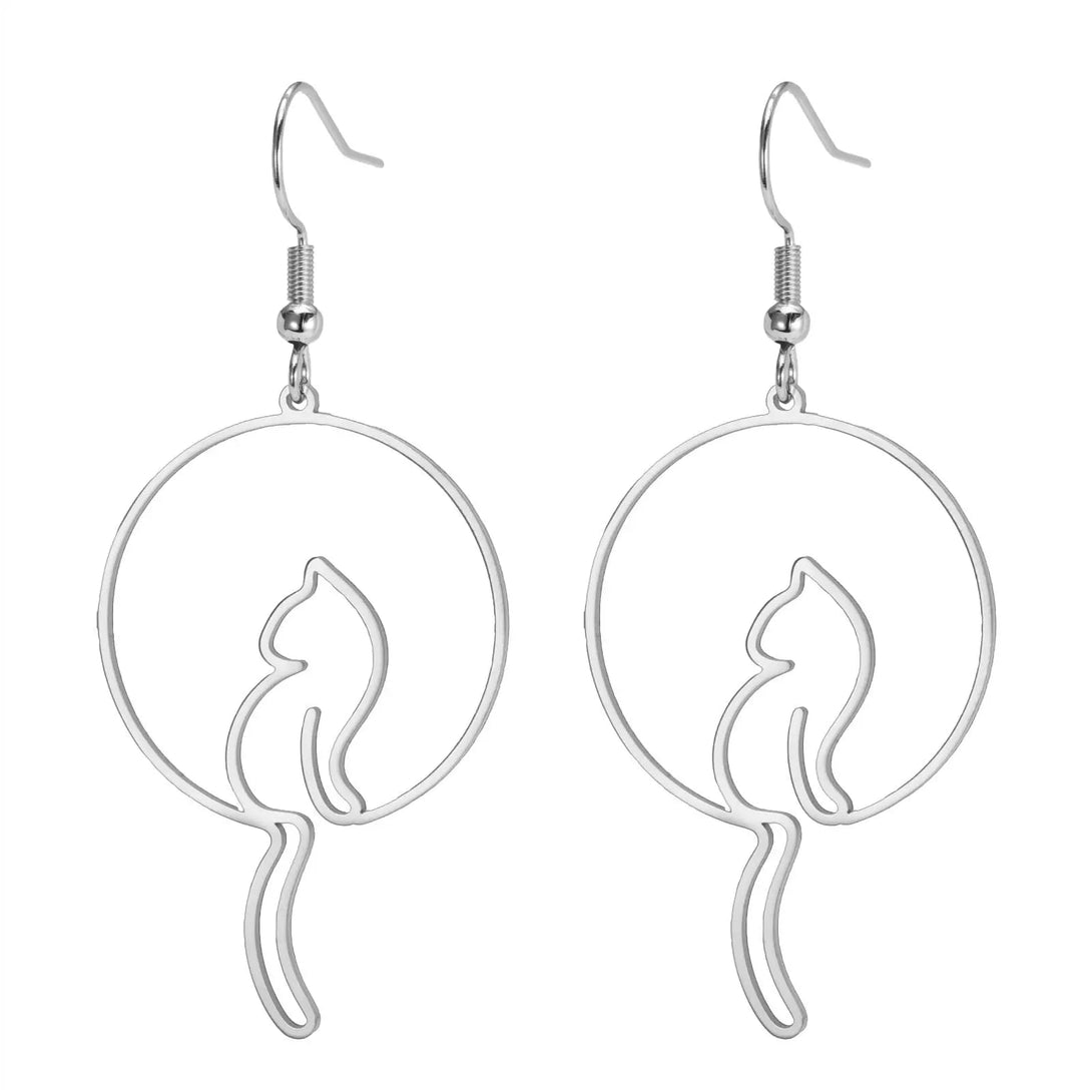 Lovcia Charming Cat Silhouette Stainless Steel Drop Earrings for Women-Earrings-Steel Hollow Ring Kitten-Steel Hollow Ring Kitten
