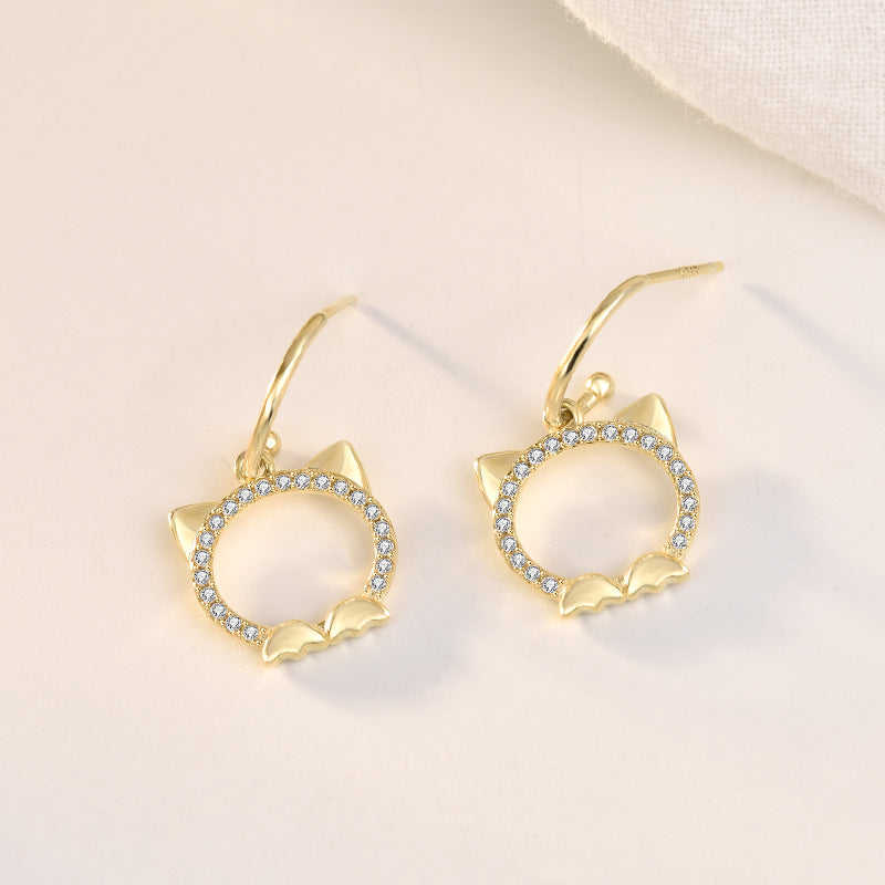 Lovcia Charming CZ Cat Head 925 Sterling Silver Drop Earrings for Women-Earrings-Yellow Gold-Yellow Gold