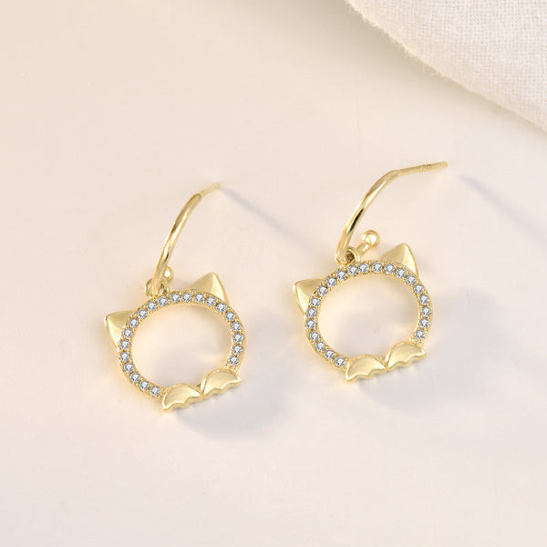 Lovcia Charming CZ Cat Head 925 Sterling Silver Drop Earrings for Women-Earrings-Yellow Gold-Yellow Gold