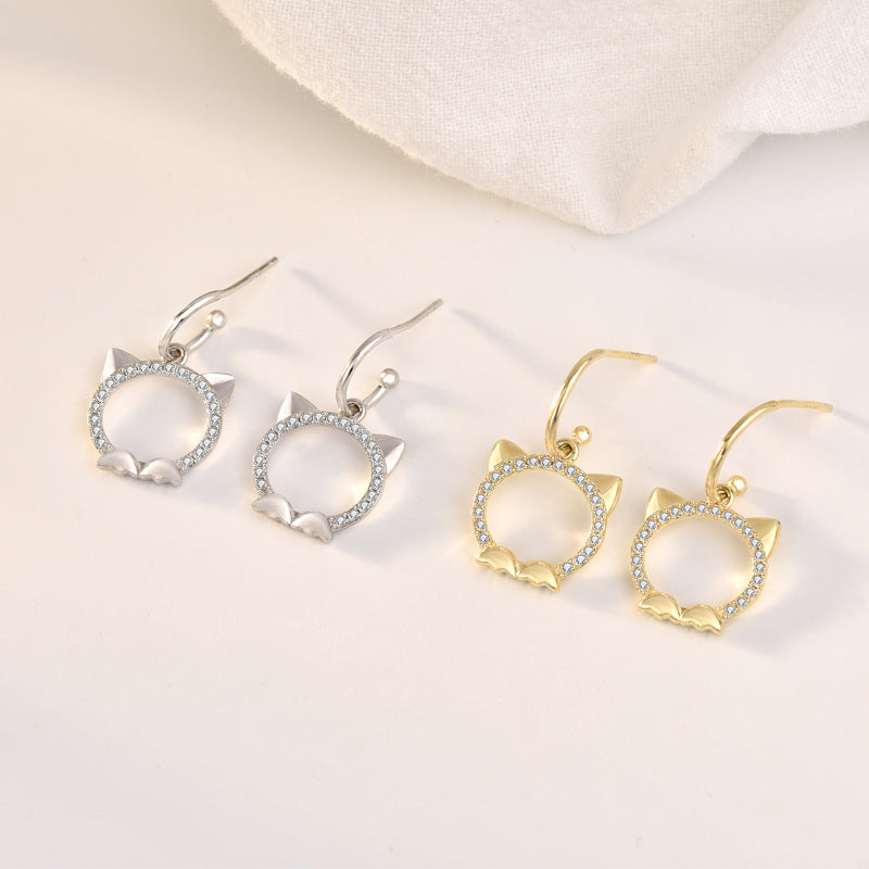 Lovcia Charming CZ Cat Head 925 Sterling Silver Drop Earrings for Women-Earrings-Yellow Gold-Yellow Gold