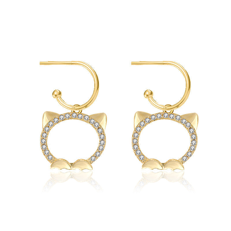 Lovcia Charming CZ Cat Head 925 Sterling Silver Drop Earrings for Women-Earrings-Yellow Gold-Yellow Gold