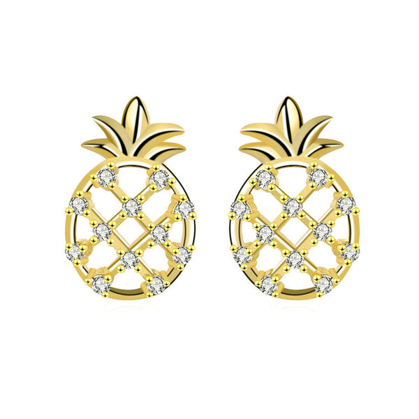 Lovcia Charming CZ Pineapple Design 925 Sterling Silver Stud Earrings for Women-Earrings-Yellow Gold-Yellow Gold