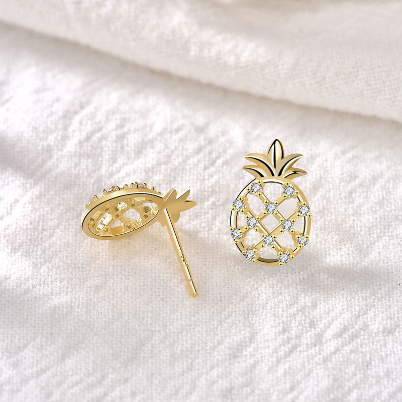 Lovcia Charming CZ Pineapple Design 925 Sterling Silver Stud Earrings for Women-Earrings-Yellow Gold-Yellow Gold