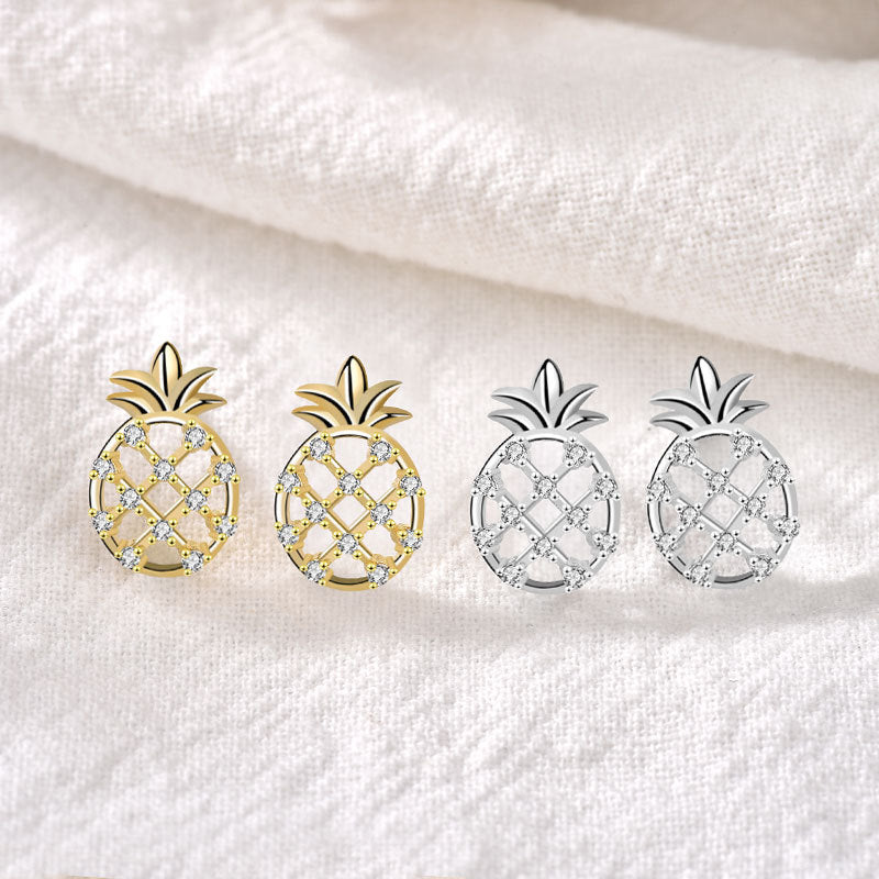 Lovcia Charming CZ Pineapple Design 925 Sterling Silver Stud Earrings for Women-Earrings-Yellow Gold-Yellow Gold