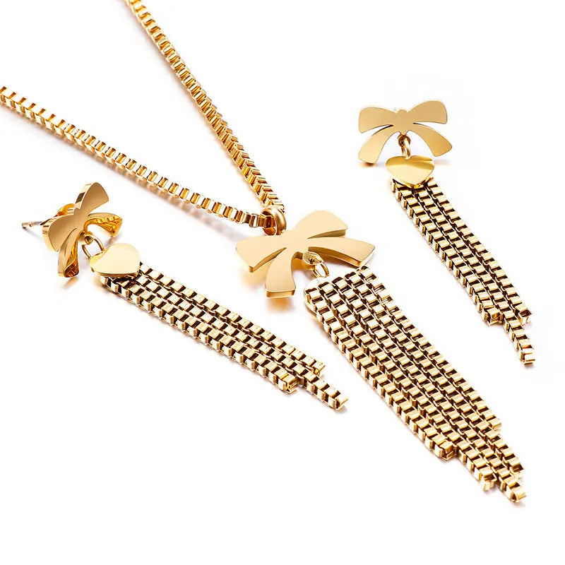 Lovcia Chic Contemporary Design Fringe Titanium Necklace and Earring Set-Earrings-Gold-Gold