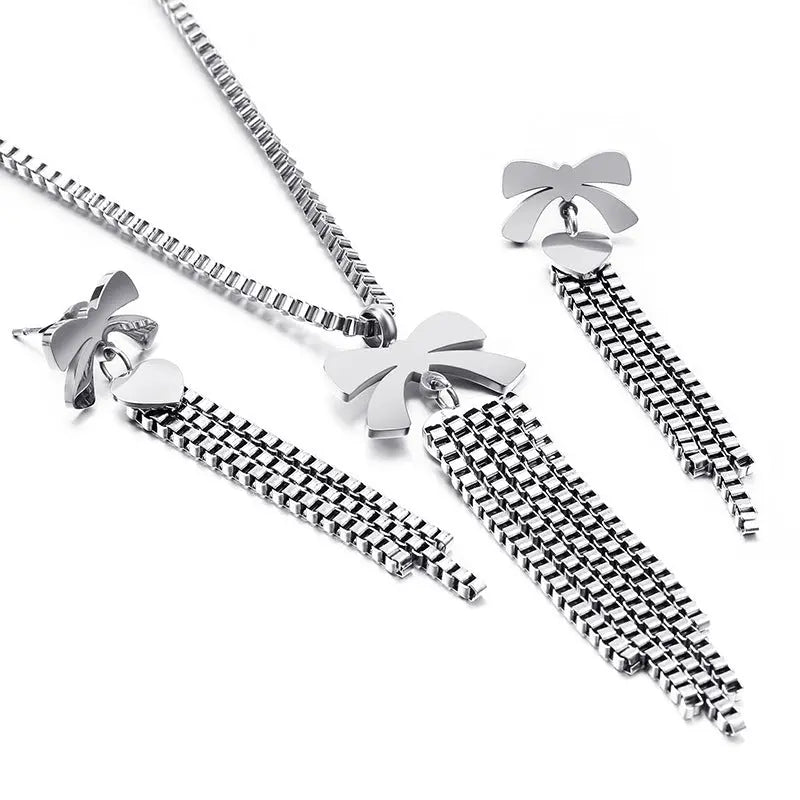 Lovcia Chic Contemporary Design Fringe Titanium Necklace and Earring Set-Earrings-Silver-Silver