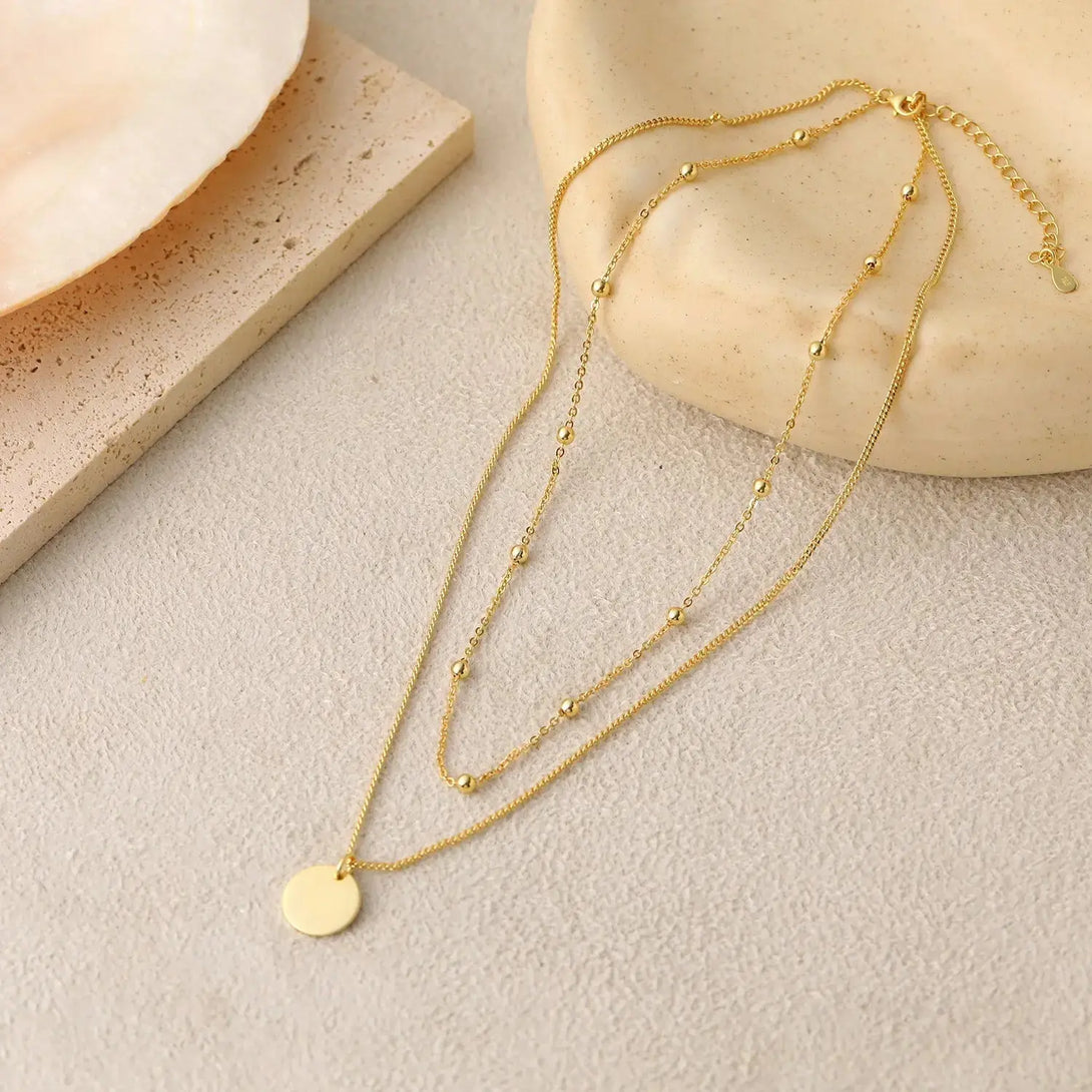 Lovcia Choker Double Beads Chain Tag Coin 925 Sterling Silver Necklace-Necklaces-Silver-Silver