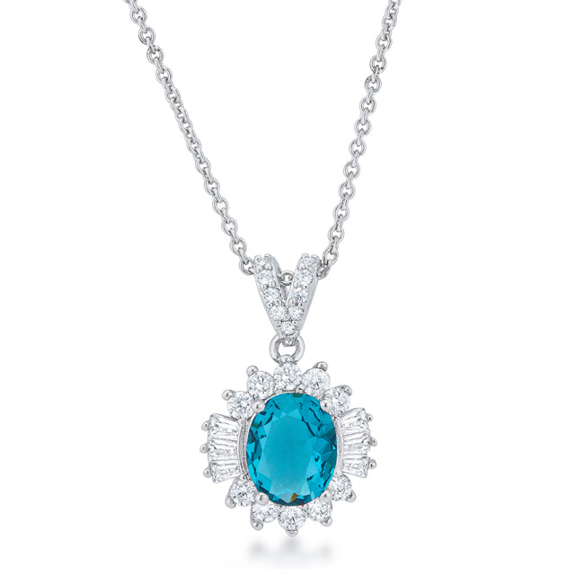Lovcia Chrisalee Aqua CZ Pendant Necklace with Rhodium Finish-Necklaces-