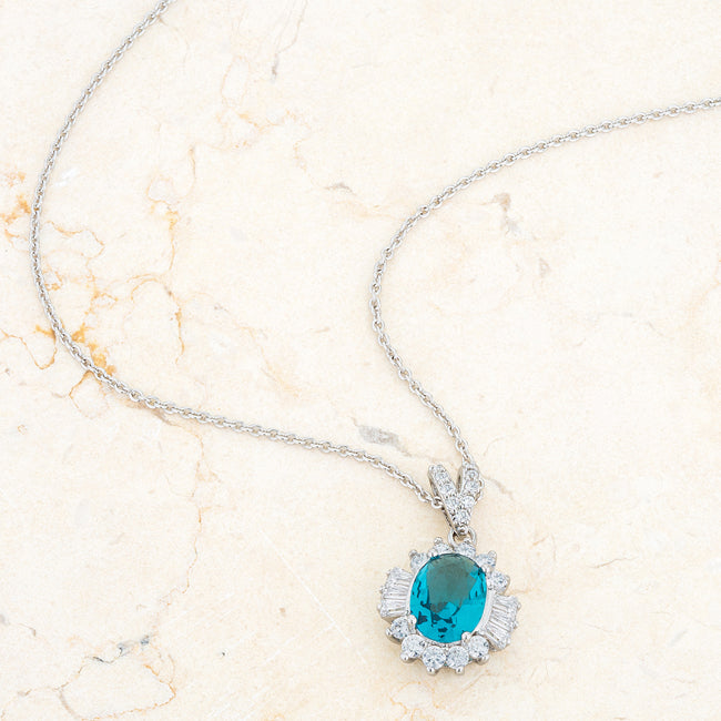 Lovcia Chrisalee Aqua CZ Pendant Necklace with Rhodium Finish-Necklaces-