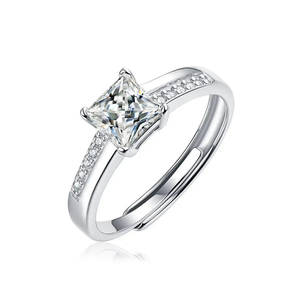 Lovcia Classic 1ct Moissanite CZ Square 925 Sterling Silver Adjustable Ring-Rings-1 Carat (Certificate Included)-1 Carat (Certificate Included)