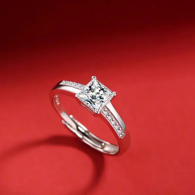 Lovcia Classic 1ct Moissanite CZ Square 925 Sterling Silver Adjustable Ring-Rings-1 Carat (Certificate Included)-1 Carat (Certificate Included)
