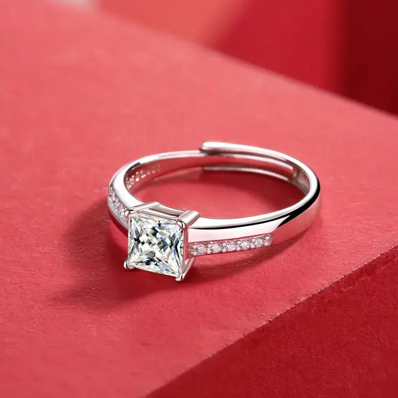 Lovcia Classic 1ct Moissanite CZ Square 925 Sterling Silver Adjustable Ring-Rings-1 Carat (Certificate Included)-1 Carat (Certificate Included)