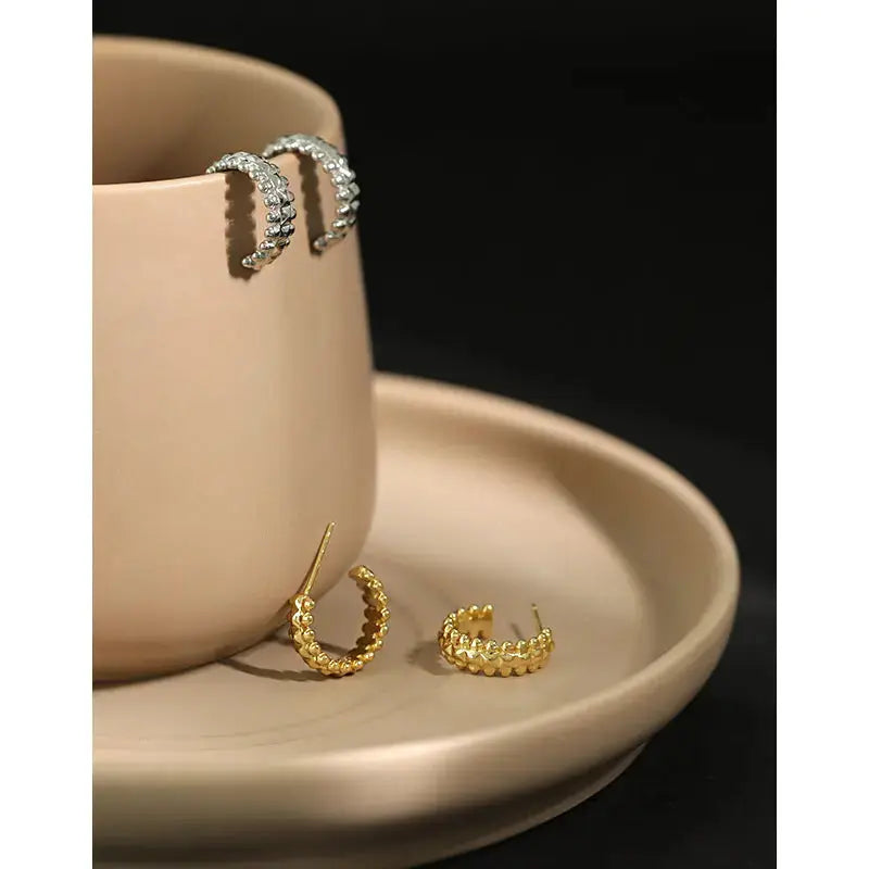 Lovcia Classic Beads Bubbles C Shape 925 Sterling Silver Hoop Earrings-Earrings-Rhodium-Rhodium