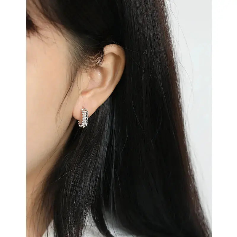 Lovcia Classic Beads Bubbles C Shape 925 Sterling Silver Hoop Earrings-Earrings-Rhodium-Rhodium