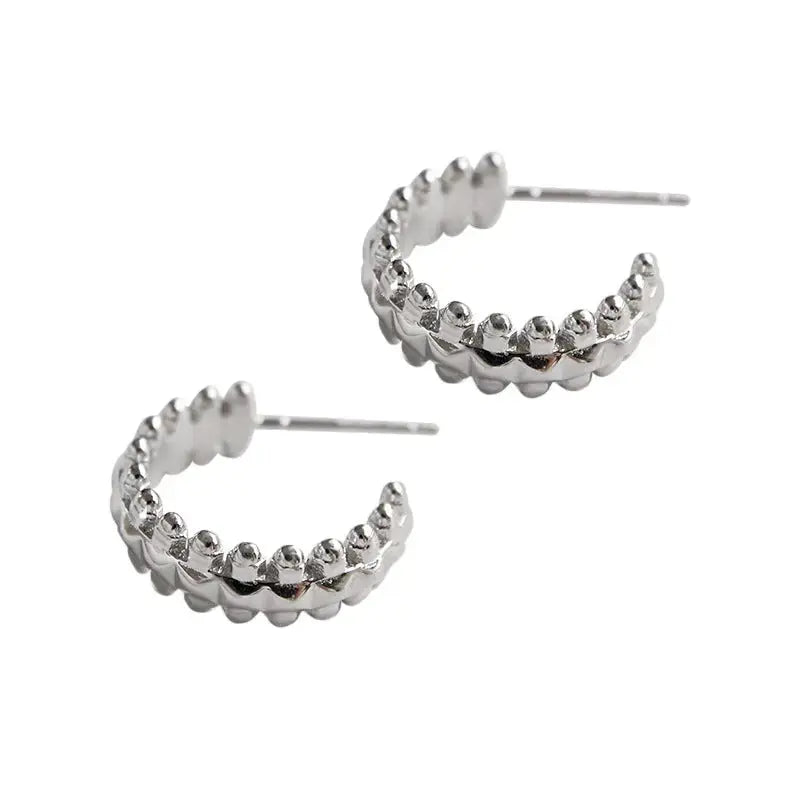Lovcia Classic Beads Bubbles C Shape 925 Sterling Silver Hoop Earrings-Earrings-Rhodium-Rhodium