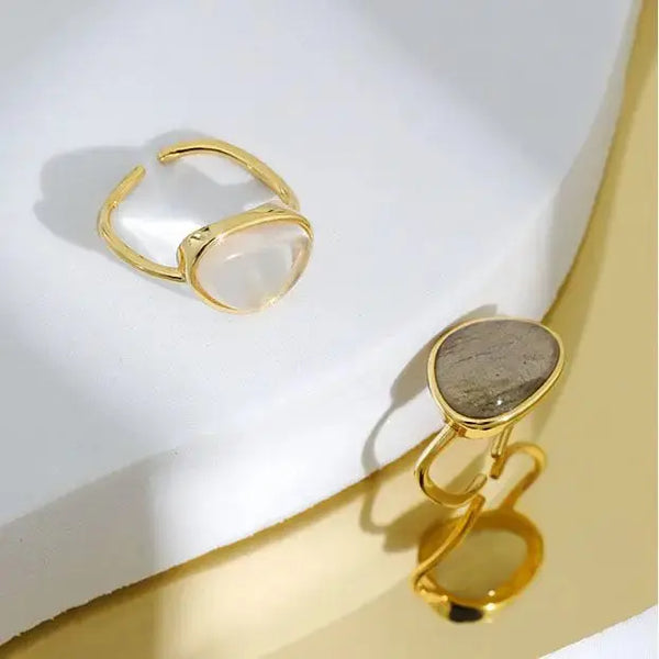 Lovcia Classic Geometry Natural Moonstone Crystal 925 Sterling Silver Adjustable Ring-Rings-Yellow Gold & Moon Stone-Yellow Gold & Moon Stone