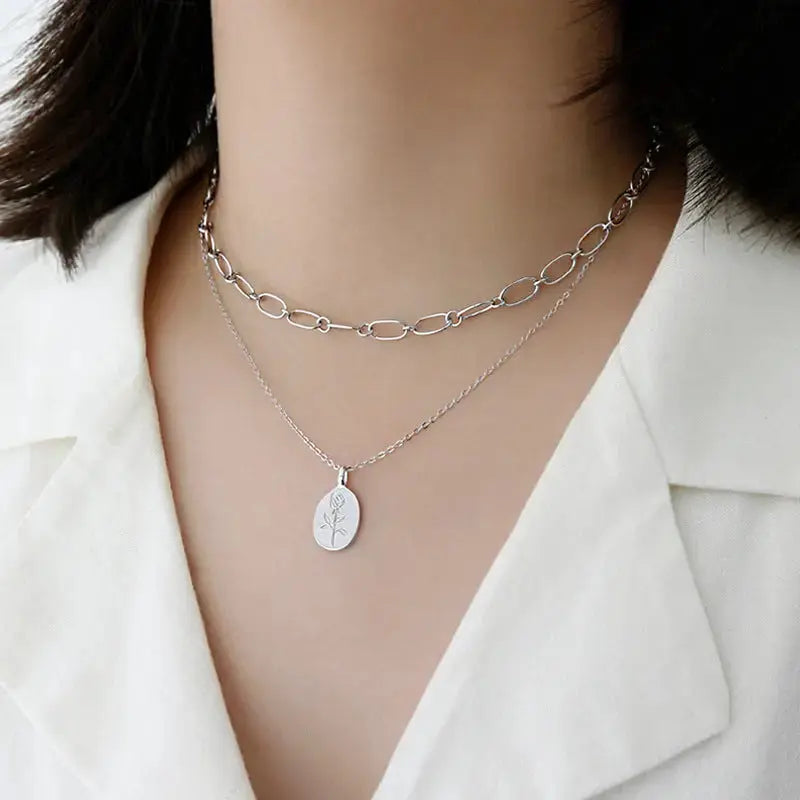 Lovcia Classic Rose Fowler Oval Tag 925 Sterling Silver Necklace-Necklaces-Rhodium-Rhodium