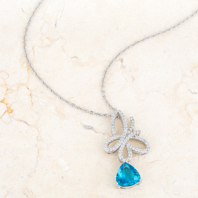 Lovcia Claudia Butterfly Design Aqua CZ Rhodium-Plated Necklace-Necklaces-