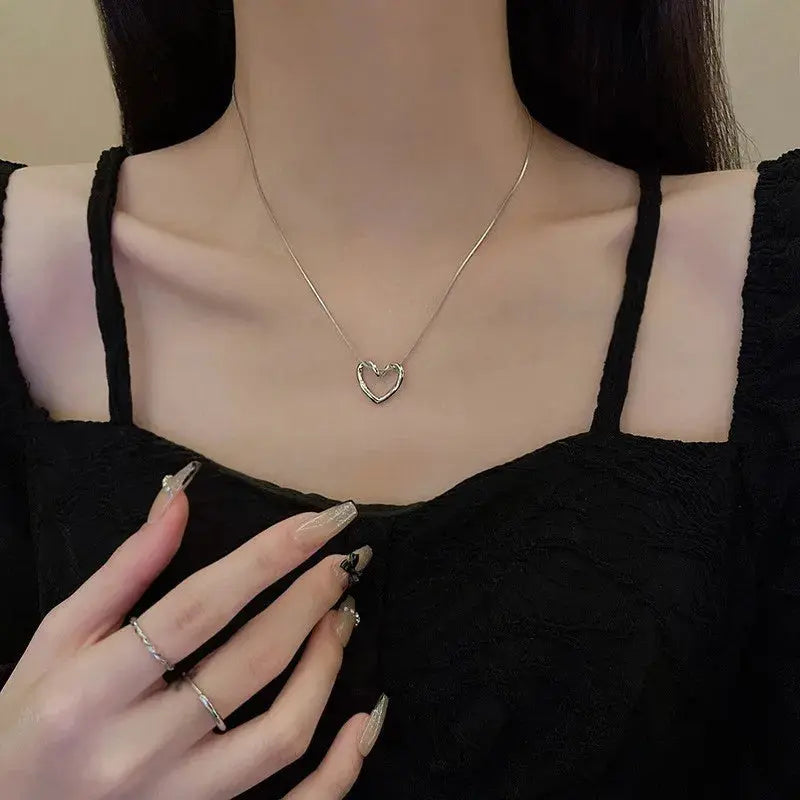 Lovcia Clavicle Chain Elegant Titanium Steel Hollow Heart Pendant Necklace for Women-Necklaces-Gold-Gold