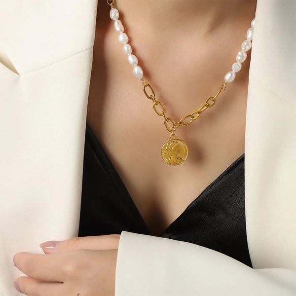 Lovcia Coin pendant Pearl Titanium Steel Necklace-Necklaces-Gold-One Size-Gold