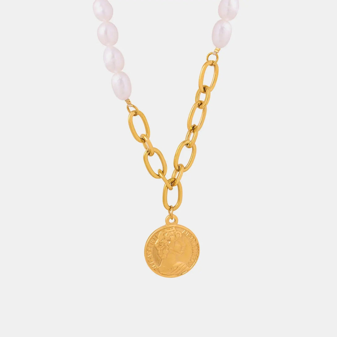 Lovcia Coin pendant Pearl Titanium Steel Necklace-Necklaces-Gold-One Size-Gold