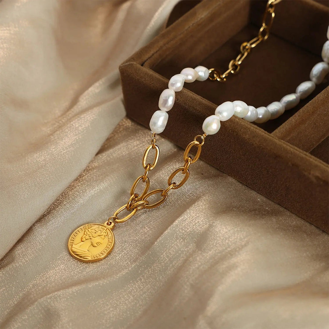 Lovcia Coin pendant Pearl Titanium Steel Necklace-Necklaces-Gold-One Size-Gold