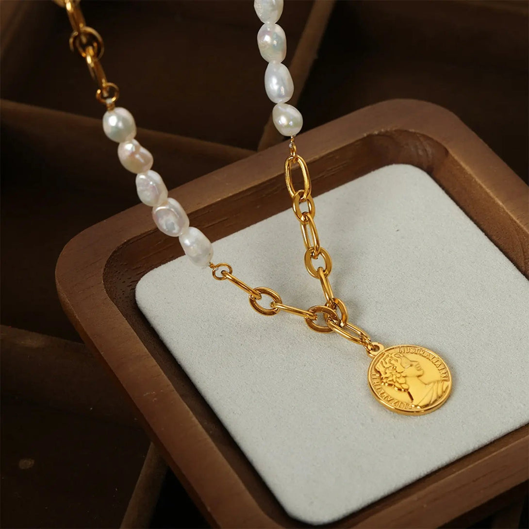 Lovcia Coin pendant Pearl Titanium Steel Necklace-Necklaces-Gold-One Size-Gold