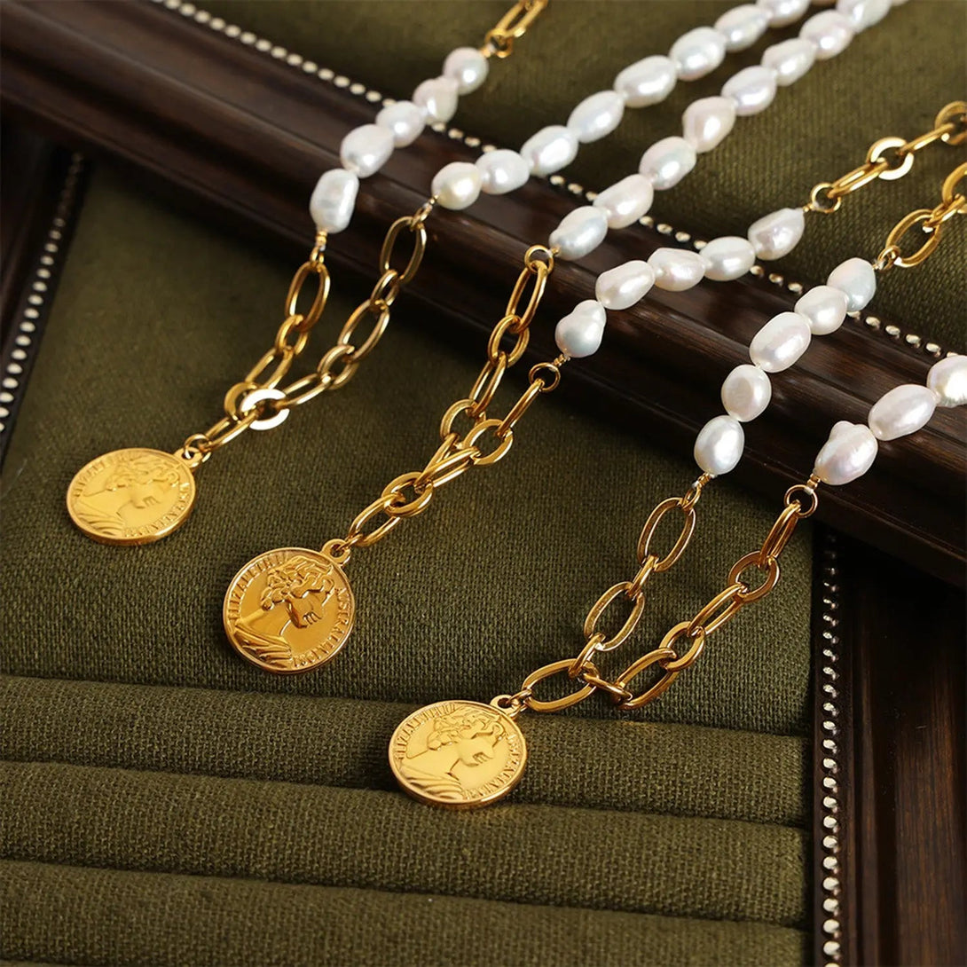 Lovcia Coin pendant Pearl Titanium Steel Necklace-Necklaces-Gold-One Size-Gold