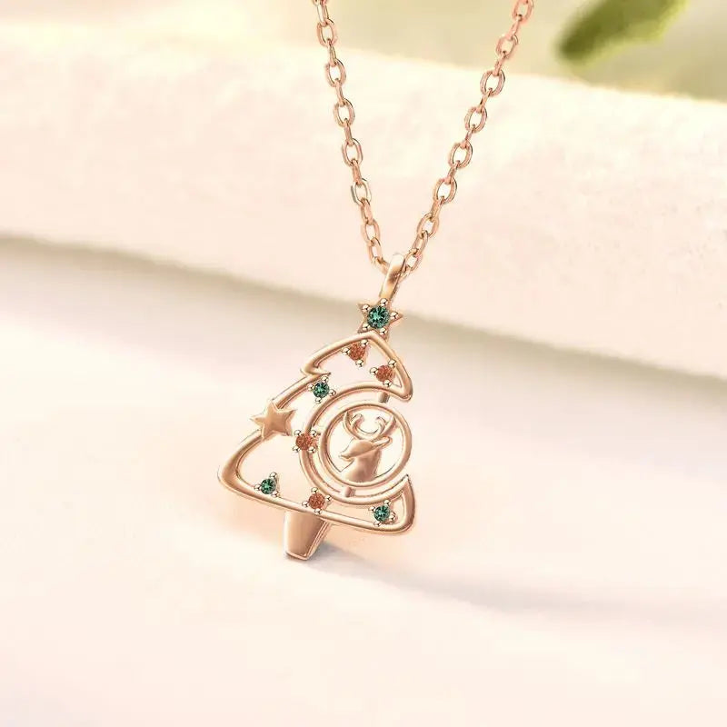 Lovcia Colorful CZ Christmas Tree Elk Deer 925 Sterling Silver Necklace-Necklaces-Rose Gold-Rose Gold